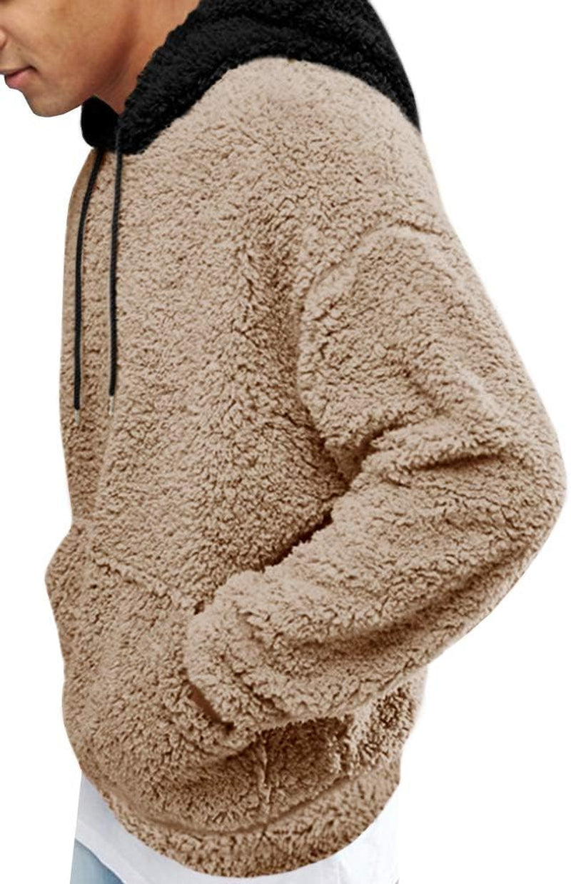 Mens Fuzzy Sherpa Pullover Hoodie Sweatshirts Long Sleeve Sport Front Pocket Military Fall Outwear Winter Hooded