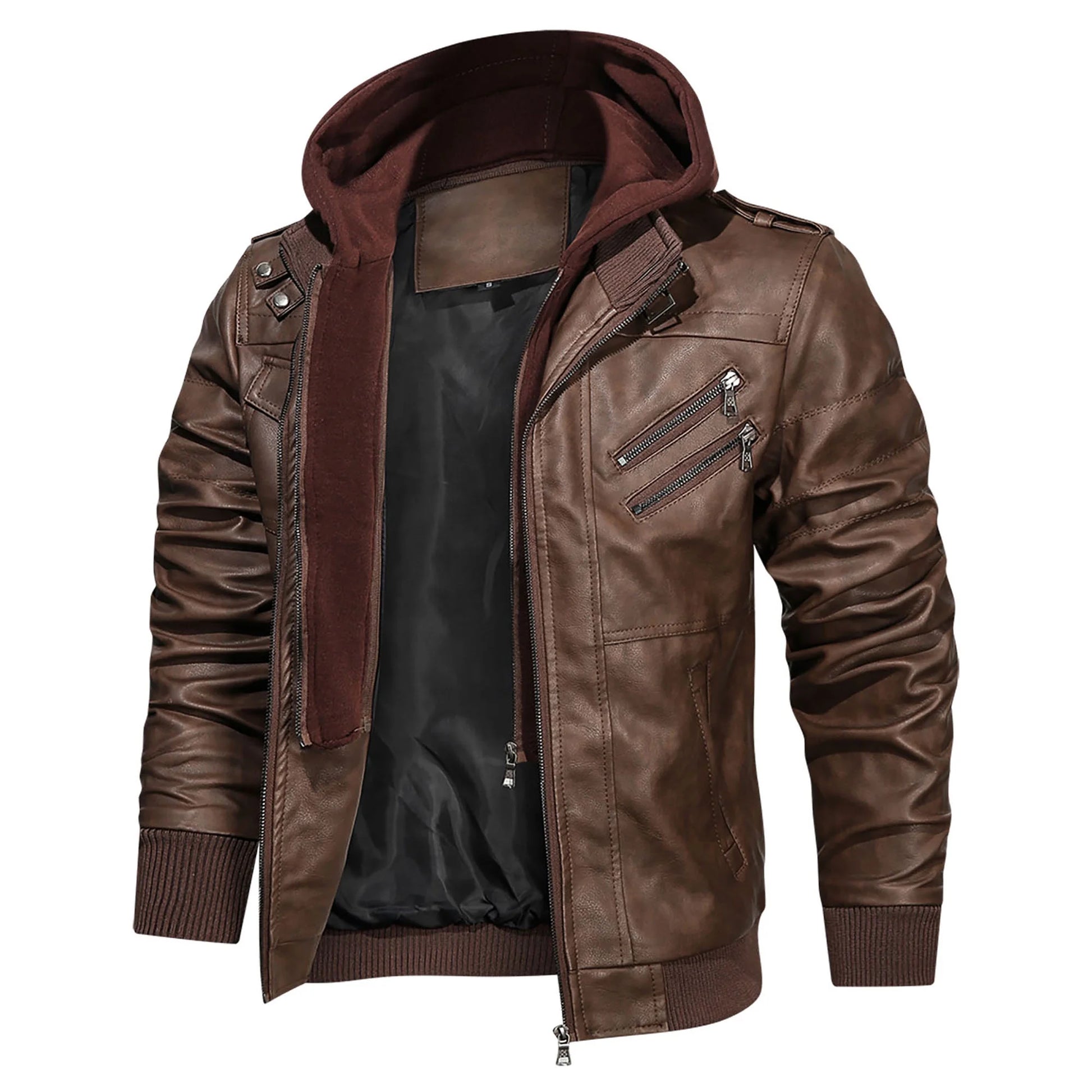 Men'S Pu Faux Leather Jacket with Removable Hood Brown 2XL