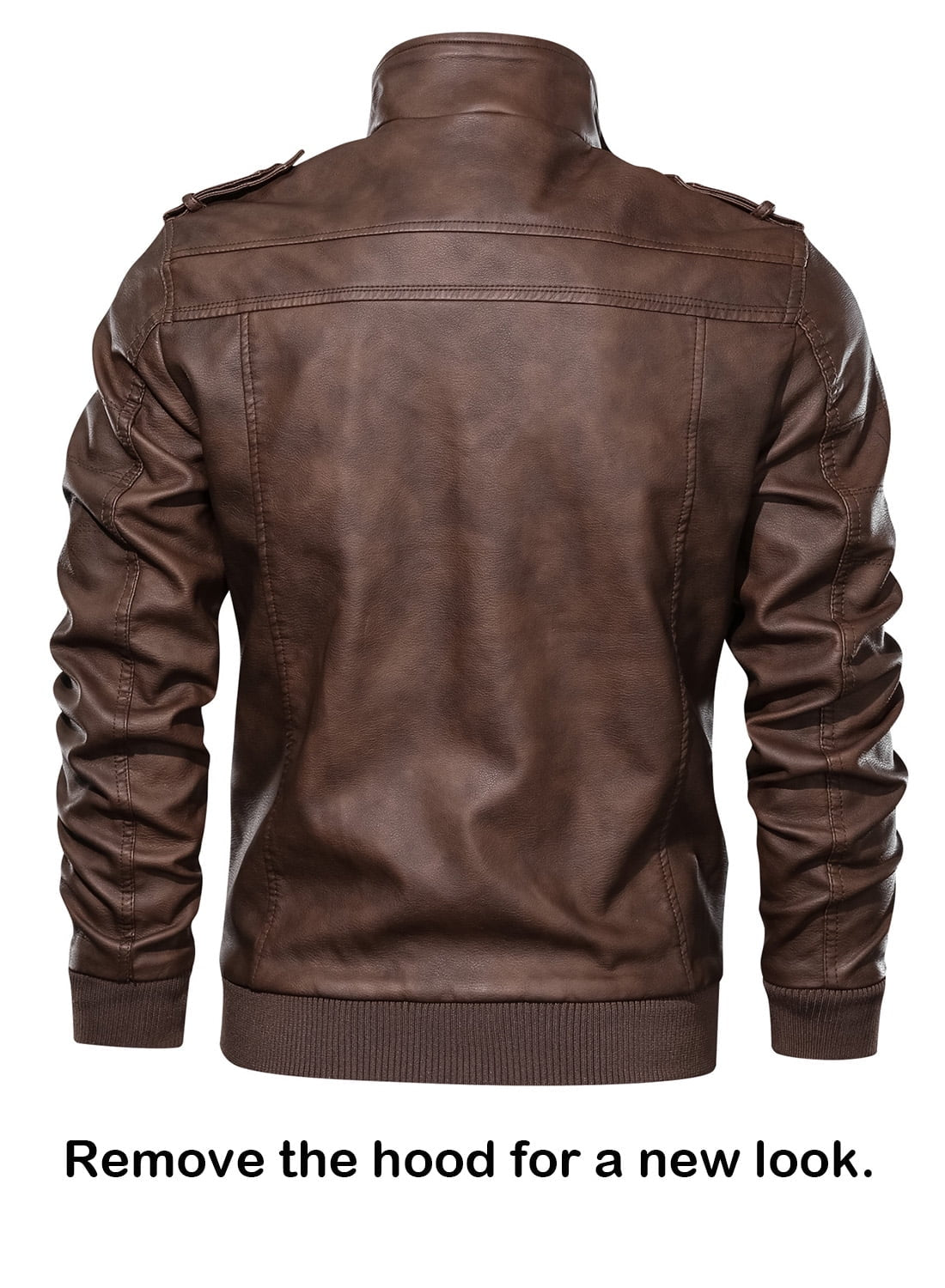 Men'S Pu Faux Leather Jacket with Removable Hood Brown 2XL